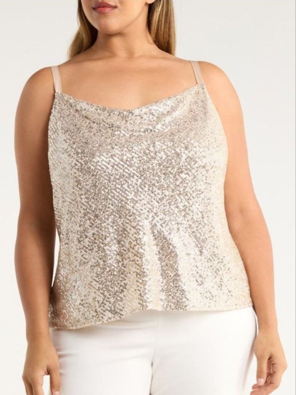 $79 Tahari ASL Sequin Cowl Neck Camisole Nude Silver Size 1 X
